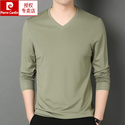 Pierre Cardin Herrenkleidung, Mulberry Seiden-T-Shirt, Herren V-Ausschnitt mit langärmeligen Frühling im mittleren Alter und Herbst, Dünne Herrenkleidung, Papas Herbst Top 1506 Navy 175