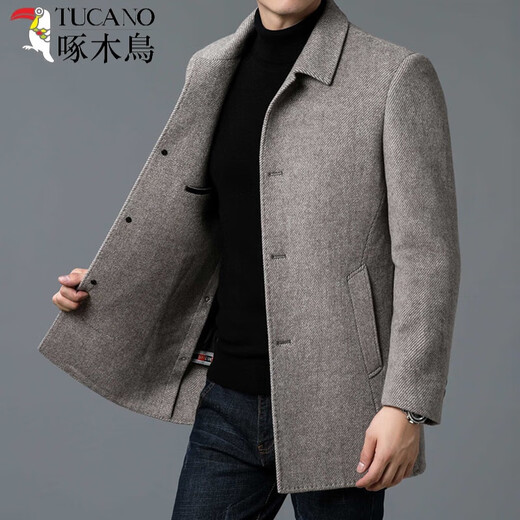 Woodpecker light luxury high-end cashmere double-sided woolen coat men's middle-aged mid-length coat winter coat thickened down lining gray 175/L