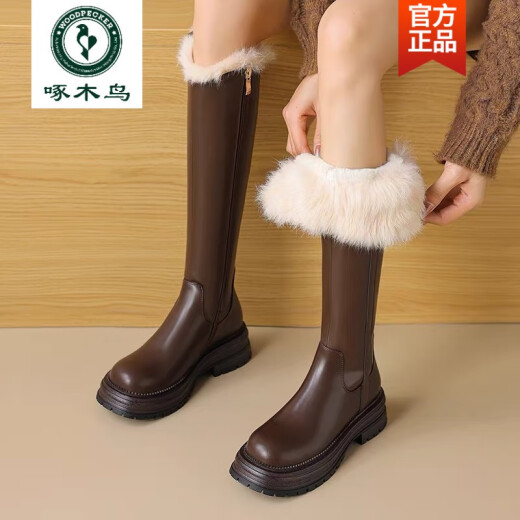 啄木鸟保暖加厚长筒不过膝雪地靴女新款冬季加绒厚底骑士靴女东北抗寒 黑色/厚绒抗寒 标准尺码 35 材质已升级