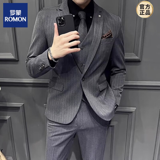 ROMON Haute Couture Men's Suit Business Formal Wedding Groom's Suit Three-piece Striped Slim Fit Large Size Dress Men One Button - Black (Suit + Trousers Shirt 3XL