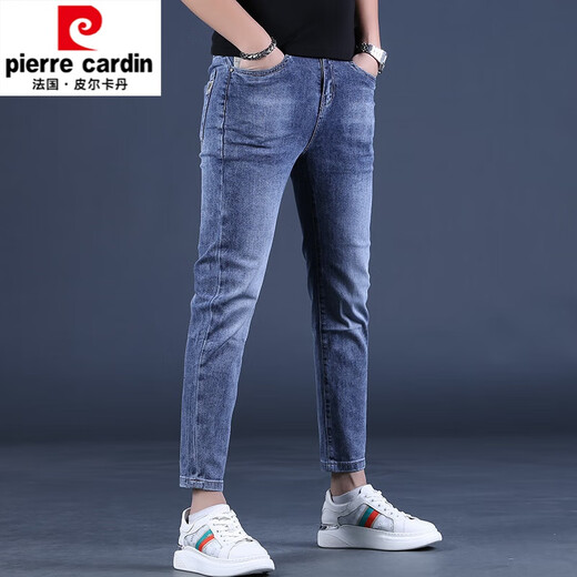 皮尔卡丹（pierre cardin）夏季薄款蓝色九分针织牛仔裤男修身小脚2025新款弹力男士裤子9分 Q1048黑色九分 32