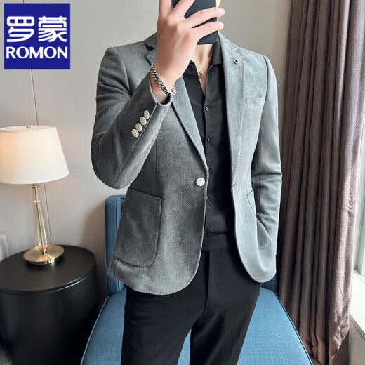 
ROMON high-end anti-wrinkle suit men's spring and autumn thick suede jacket small suit business casual suit British 9928 gray XL: suitable for 139Jin [Jin equals 0.5 kg]
