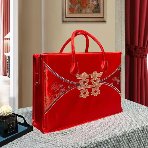 Qing Yu Xi quilt storage bag high-end wedding red four-piece suit with handbag Oxford cloth Dragon and Phoenix Chengxiang high-end satin embroidery fabric XL 60*50*33 pack 8-12 Jin Jin equals 0.5 kg quilt