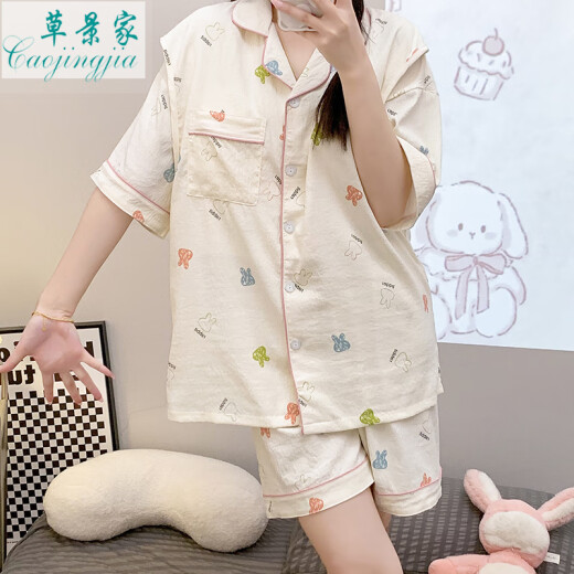 草景家带胸垫月子服夏季薄款孕妇睡衣短袖短裤孕妇装哺乳睡衣产妇产后 QSF724#彩色兔头 M码 建议体重90-120斤左右