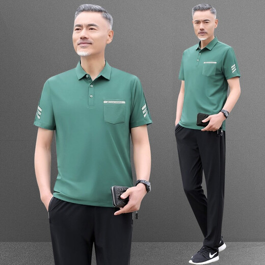 昇域中老年人运动服套装男夏季冰丝短袖长裤休闲中年男士爸爸夏装套装 756款黑色 XL 【建议体重126-140斤】