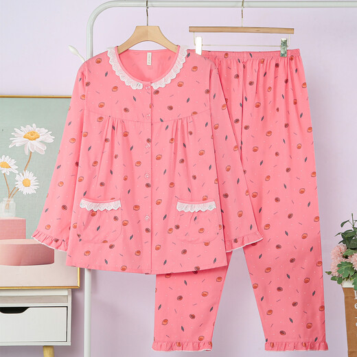 Pyjamas von Baumwoll-Twill für Frauen im Frühling und Sommer dünne Langarmes, frisch floral gewebte Pywon-Pyjamas-Kleidungsstück, Melonrote Zitrone 6636 2xl 130-145jin [Jin gleich 0,5 kg]
