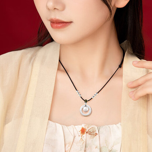 Collier en argent pur avec boucle de sécurité en or de Chine, perle de transfert de pièce de monnaie en cuivre pour femme, pendentif en argent, cadeau d'anniversaire pour petite amie et femme, anniversaire de mariage, pièce de monnaie en cuivre, collier en corde tressée - Perle d'argent noire