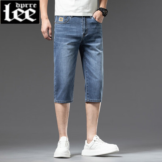Lee dprre cropped pants men's summer thin 2024 new denim shorts men's slim straight stretch comfortable 7-cent mid-pants 759 sand washed blue soft and comfortable 33 waist 2 feet 6