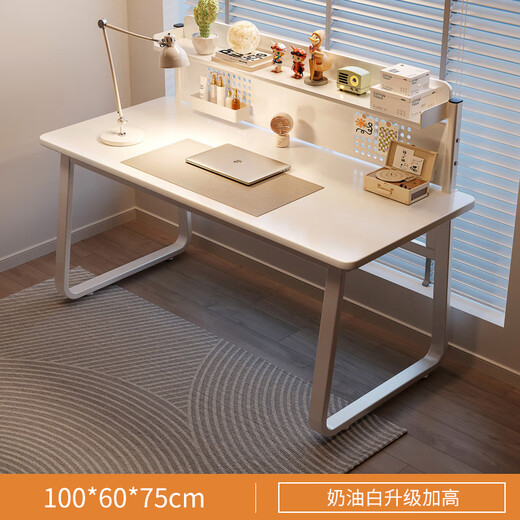 Yumei Times Desk Bedroom Student Study Writing Study Desk Cream Style Home Simple Desktop Computer Desk Office Desk With Bookshelf-Cream White-100cm