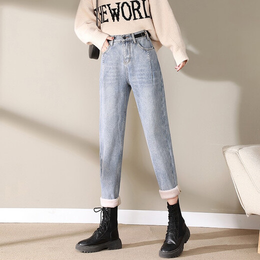 
Qingran'er plush velvet thickened jeans for women 2021 new winter loose high waist radish pants light blue warm dad pants 15099 light blue plush S