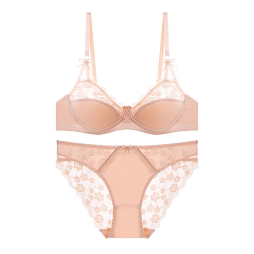 Carey Kay French underwear women's thin large breasts show small breasts push-up half cup sexy French lace low-cut bra set sweet pink set (bra + panties) 36/80B