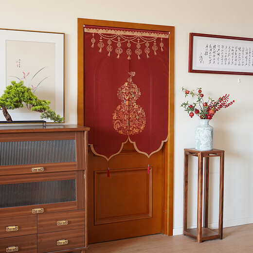 幸福布满家中式门帘隔断帘免打孔葫芦半帘红色乔迁结婚厨房卫生间卧室门对门 福禄双至5024-红色半帘 70*90cm【遮挡隐私】