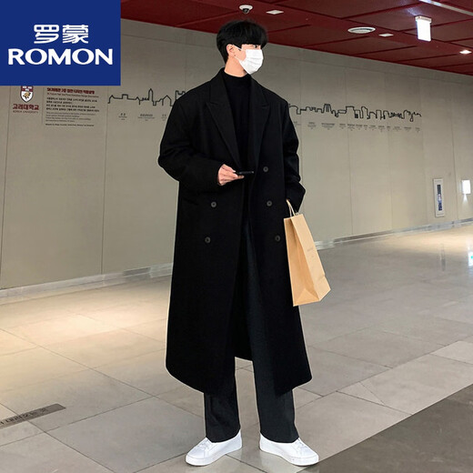ROMON's new woolen coat, men's mid-length knee-length cashmere woolen double-sided wool windbreaker coat, winter Korean style coat, black and cotton (2024) XL