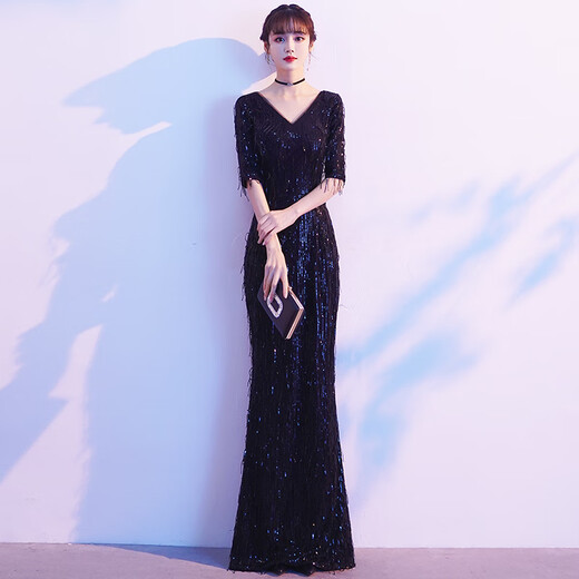 Wenmi evening dress for women 2024 new high-end temperament black sequin hosting performance dress light luxury annual party dress fishtail skirt black M