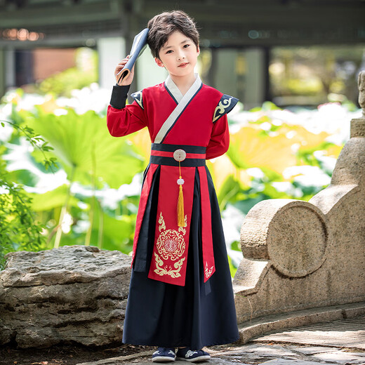 微爱的小松鼠汉服男童 2025新款儿童古风唐装男孩国学演出服夏季6198 知遇-红色 110 cm