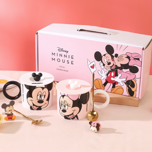 Disney Mickey Water Cup Ceramic Cup Good-looking Mug with Cover Couple Cup Home Drinking Cup Can Be Engraved Pink (With Cover + Spoon) Can Be Engraved