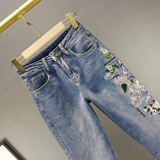 Mad Cortes original design ethnic style embroidered straight jeans for women spring and autumn cotton stretch high waist loose slim cigarette pants blue 26