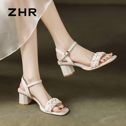 ZHR粗跟凉鞋女夏季优雅法式方头女鞋百搭一字带鞋子女 Y756 米色 37 