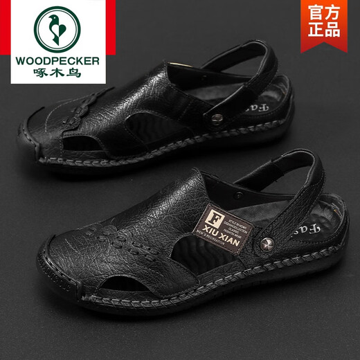 Woodpecker brand sandals men's leather top layer cowhide sandals summer breathable outdoor non-slip casual soft-soled beach shoes black A689 42