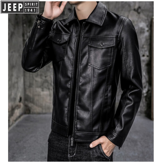 JEEP SPIRIT autumn and winter new men's quilted casual leather jacket men's motorcycle jacket slim fit Korean style lapel men's PU leather jacket black (model) plus velvet XL (suitable for 135-150 Jin Jin equals 0.5 kg)