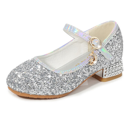 SANGJI girls princess shoes dress silver performance crystal shoes summer children high heels model catwalk performance leather shoes silver size 33
