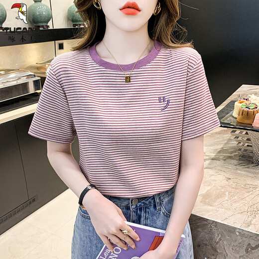 啄木鸟条纹短袖t恤女2025年夏季新款百搭修身打底体恤笑脸刺绣上衣ins 红色9928 M 建议95-105斤