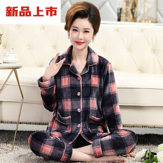 莫代尔中老年人妈妈珊瑚绒睡衣女秋冬季加厚保暖大码海岛绒法兰绒家居服 Y9227 M