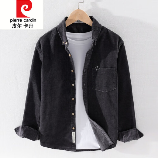 皮尔卡丹（pierre cardin）春秋季加绒长袖衬衫男灯芯绒外套加厚宽松休闲条绒棉衬衣纯色上衣 9755款-卡其色 常规 M 【105左右】
