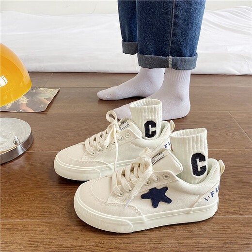 Yezhi women's shoes spring and summer white shoes ins trendy Korean version 2024 new canvas shoes women's versatile student running casual shoes H983 star canvas shoes [bee size 36]