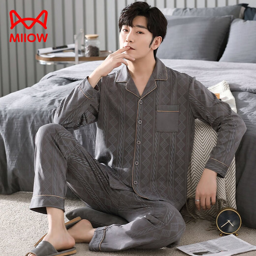 Cat Man (Miiow) Men's Pure. Pajamas de algodón Spring de manga larga y otoño de cárdigan de gran tamaño se puede usar en el exterior para ropa para hombres MZ-3523 3XL180-200JIN [Jin iguala 0.5 kg]]]