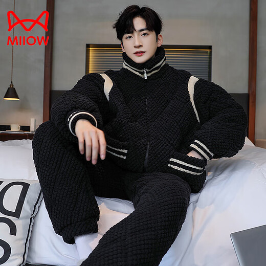 Cat Man (Miiow) Herren-Pyjama Herbst- und Winterkorallen-Samt dreischichtige Baumwolljacke eingedickt und Samt Flanell Teenager Home Clothing Set 1278 Herren [Rollkragenpullover Reißverschluss Baumwoll + Baumwollhosen l 3 Schichten x Männer [Gewicht 100-125]