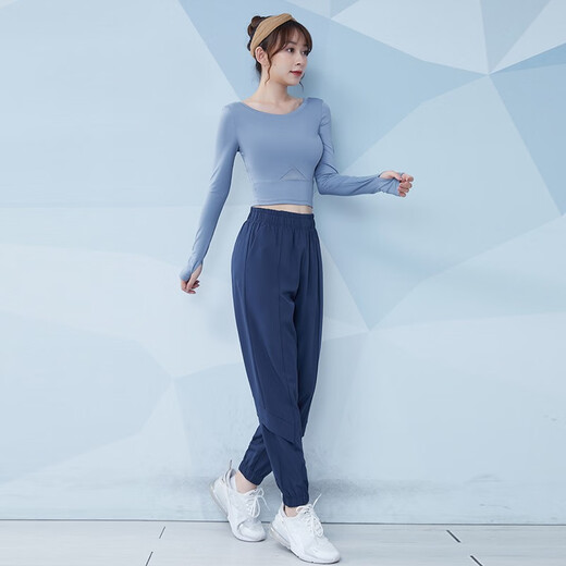 Fanstick Yoga Suit Women's Long Sleeve Slimming Pilates Training Suit Breathable Fitness Suit Casual Running Sports Suit Light Blue + Sapphire Blue Two-piece Set TC27636 L (Recommended 105-120 Jin Jin equals 0.5 kg)