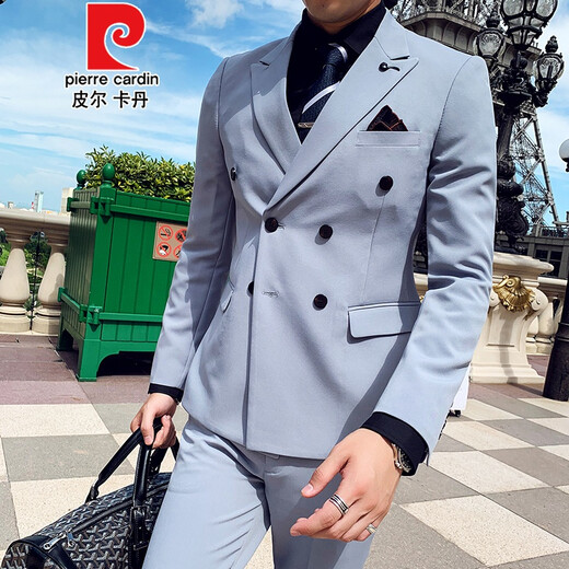 皮尔卡丹双排扣西服套装男修身韩版潮流休闲帅气结婚雅痞西装白色结婚 白色三件套(马甲) XL