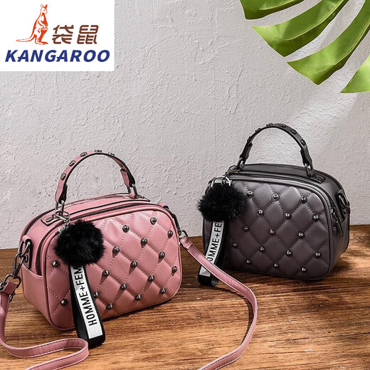 袋鼠（KANGAROO）斜挎小包包女2025时尚复古单肩包铆钉双层手提小方包 753# 黑色