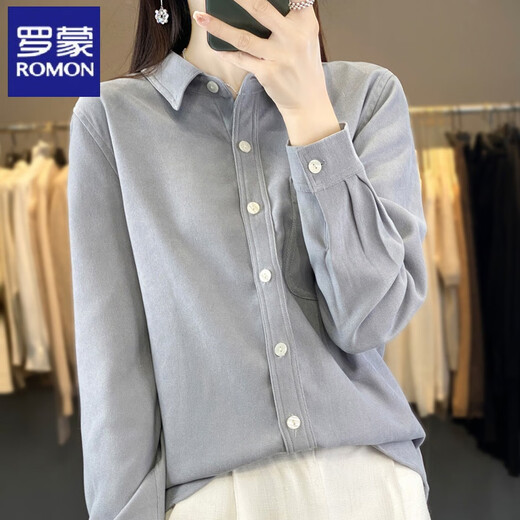 ROMON thickened double-sided velvet shirt women's autumn and winter new brushed shirt design plus velvet warm base cardigan shirt haze blue M polite