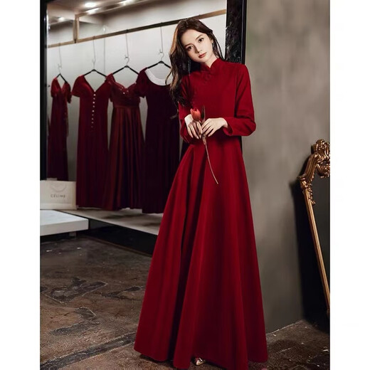 Seidler Chinese Cheongsam Toast Wear 2025 New Bridal Autumn and Winter Burgundy Long Sleeve Velvet Long Wedding Dress for Women Burgundy M (Recommended 96-105 Jin Jin equals 0.5 kg)