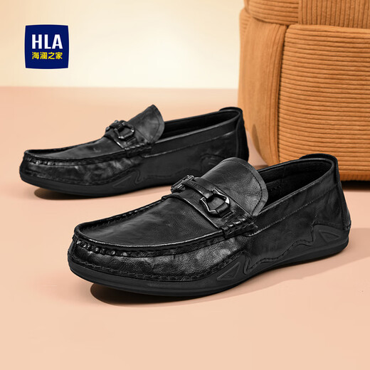 Heilan House Leather Shoes Men's Doudou Shoes Men's 2025 New Spring Breathable Business Casual Shoes Soft Sole Formal Slip-On Men's Shoes Black Four Seasons 42