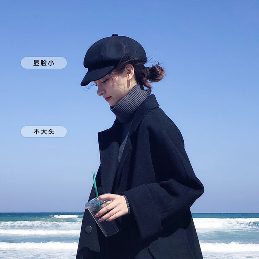 DIRUNSHI octagonal hat for women, autumn and winter trendy Korean style British retro painter internet celebrity beret wool wool versatile literary newsboy hat black adjustable (54-58CM)