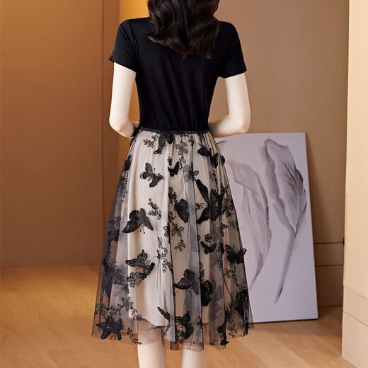 AIMANJIE light luxury brand celebrity temperament high-end dress for women this year's popular skirt for summer new embroidered mesh skirt black XL (recommended 112-122Jin [Jin equals 0.5 kg])
