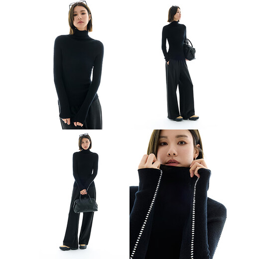 Yunshang Life [vinyl base shirt] 100% wool seamless integrated slim sweater top 2024 winter Z9926 black 48 3-strand 100% wool M