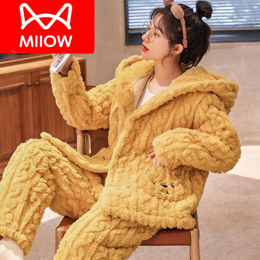 猫人（MiiOW）珊瑚绒睡衣女秋冬季三层加厚加绒新款冬天夹棉法兰超家居服保暖 JY9898 L