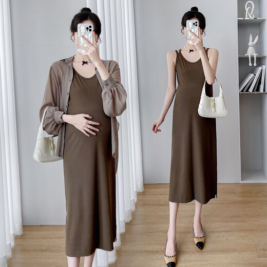 Jingqi MATERNITY SUIT 2025 Spring New Style Robe Top Cardigan Suspender Long Jirt Suit Spring and Automn Vêtements Femmes Khaki Suit [Recommandation principale] XL