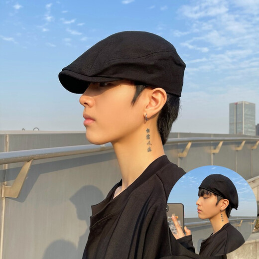 前进帽中青年男士春秋夏季男式帽子纯色潮薄款反戴贝雷帽画家帽 黑色 55-58cm