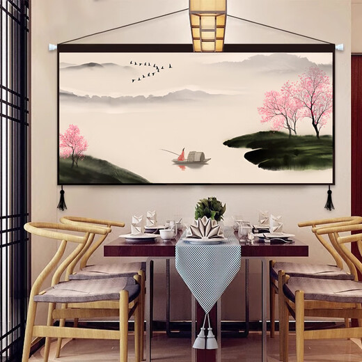 New Chinese style Zen ink landscape fabric hanging painting living room sofa background hanging cloth bedroom decoration painting restaurant tapestry 01_Zen ink painting 80cm*40cm cotton and linen 2 tassels+
