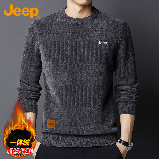 Jeep (JEEP) Sweater Men's Autumn and Winter Velvet Thickened Warm Sweater Men's Round Neck Clothes Men's Dark Gray Velvet XL