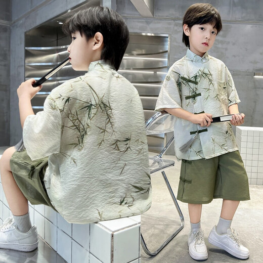 G.DUCKKIDS小黄鸭男童汉服夏装套装新款中大儿童古风唐装男孩夏季薄款两件套 绿色 120 尺码5~6岁【110-120cm】