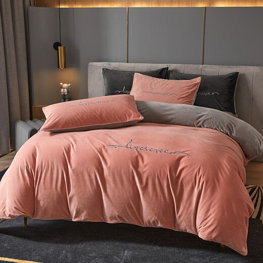 Yalu Class A baby milk velvet four-piece set of flannel sheets winter quilt cover coral velvet quilt cover sheet bedding Alluring pink + modern gray Class A standard baby velvet 1.8m sheet style four-piece set quilt cover 2*2.3m