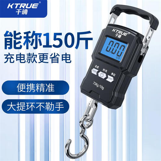 千确高精度手提电子秤小型快递称便携式随身家用钩吊勾弹簧行李称鱼器 充电中文款【带卷尺】75kg10g