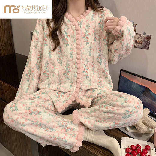 莫代尔碎花复古法兰绒睡衣女款冬季2024新款加绒加厚珊瑚绒秋冬款家居服 OM-4882-方领绒套-蝶结-花朵 S【80-100斤】