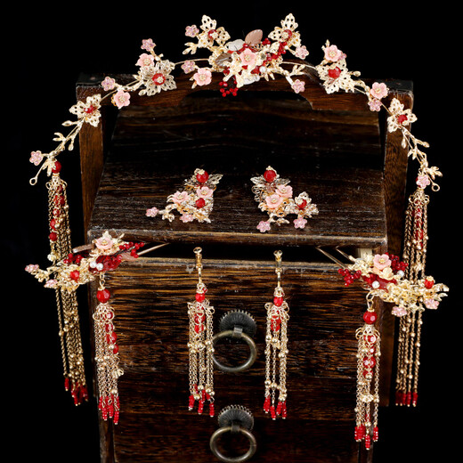 Chi Xing Chinese style bride Xiuhe headdress phoenix crown grand Xiuhe dress red jewelry wedding crown hair accessories women set ear clip style